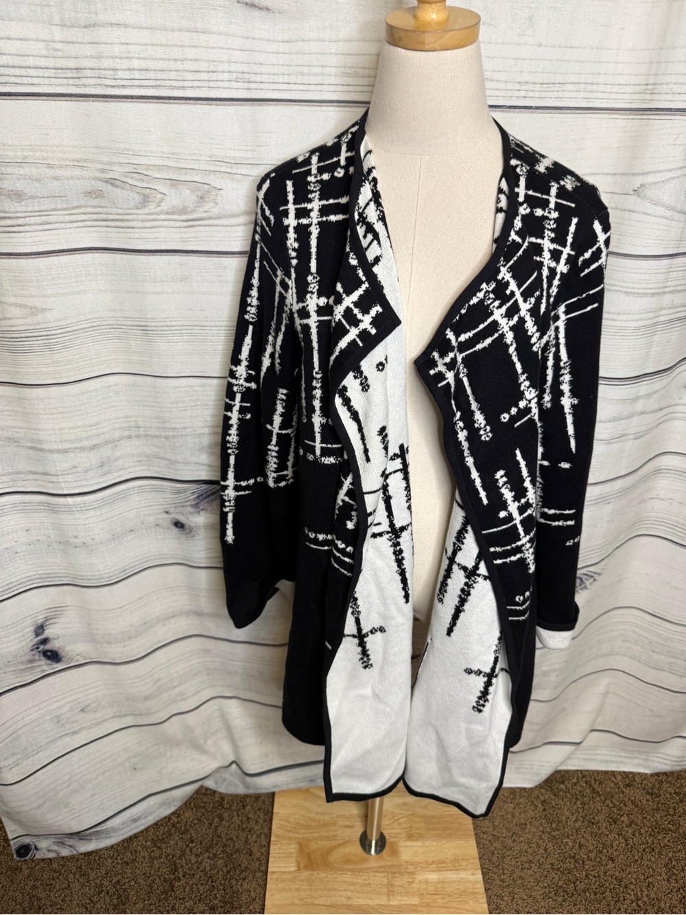 Alfani Black and White Open-Front Patterned Cardigan